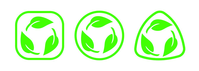 Biodegradable recyclable plastic free package icon set. Vector bio recycling degradable label or logo template.