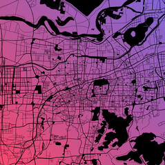 Jinan, Shandong, China (CHN) - Urban vector megacity map with parks, rail and roads, highways, minimalist town plan design poster, city center, downtown, transit network, gradient blueprint