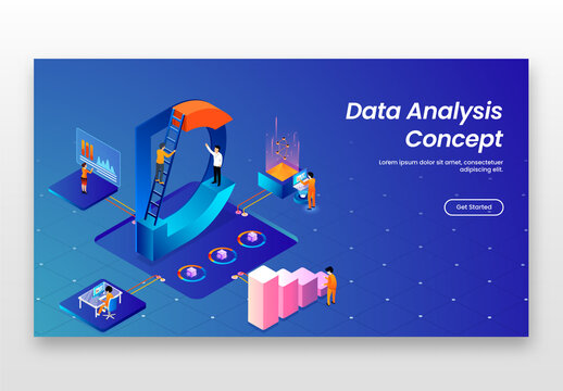 Data Analysis Concept Based Landing Page with 3D Letter D, Business People Analysis Data & Stats on Blue Workplace