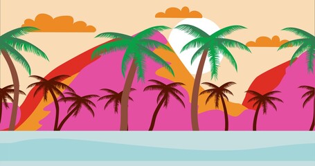Fototapeta na wymiar Tropical island Cartoon background during summer sunset with palms. Empty beach without people. Flat design