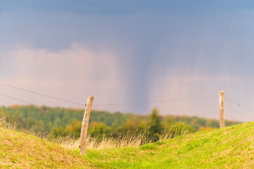 A fence post stands out against the grass and the bottom where the rain falls.