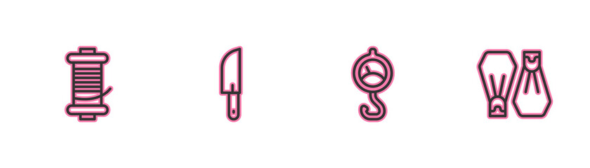 Set line Spinning reel for fishing, Spring scale, Knife and Rubber flippers swimming icon. Vector. © vector_v