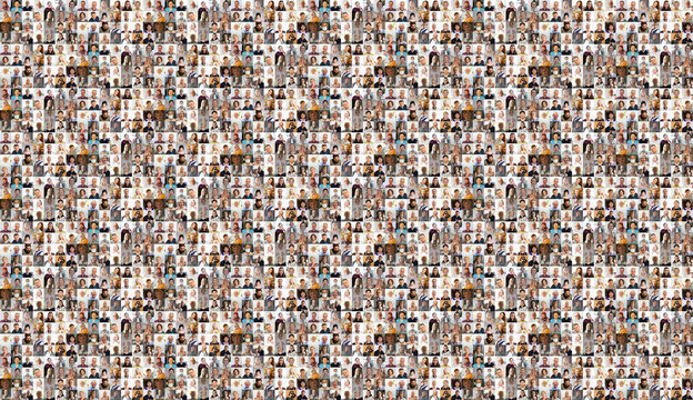 Hundreds of multiracial people crowd portraits headshots collection, collage mosaic. Many lot of multicultural different male and female smiling faces looking at camera. Diversity and society concept