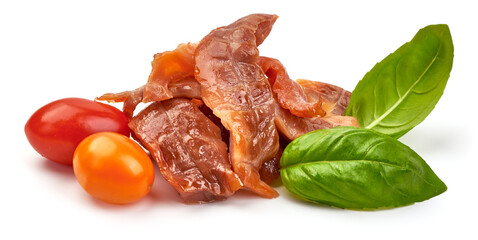 Cold smoked salmon strips, isolated on white background