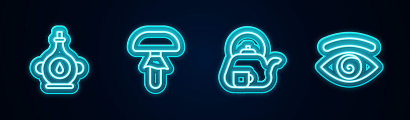 Set line Oil bottle, Mushroom, Teapot with cup and Hypnosis. Glowing neon icon. Vector.