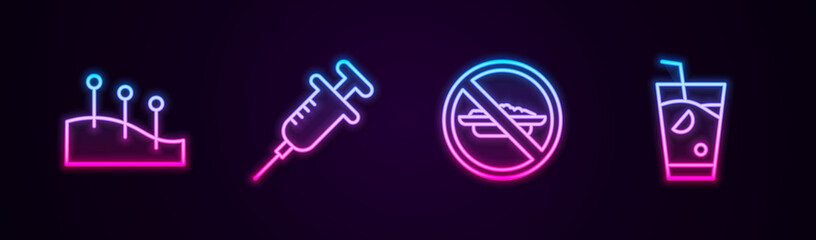 Set line Acupuncture therapy, Syringe, Food no diet and Fresh smoothie. Glowing neon icon. Vector.
