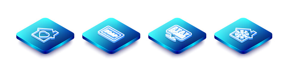 Set Isometric line House with heart inside, Bar of soap, Stay home and icon. Vector.