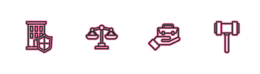 Set line House with shield, Hand holding briefcase, Scales of justice and Judge gavel icon. Vector.