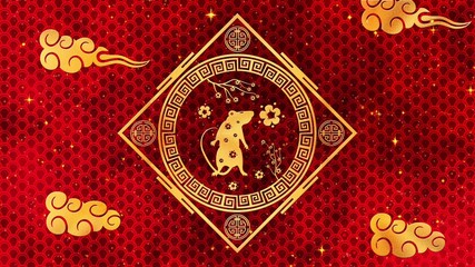 Red Chinese New Year background with gold, rat, fireworks, glittering stars 3D rendering . Magical Happy new year animation.