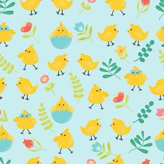 Seamless pattern with lovely chicken, flowers and leaves. Can be used for wallpapers, pattern fills, web page backgrounds, textile. Flat illustration
