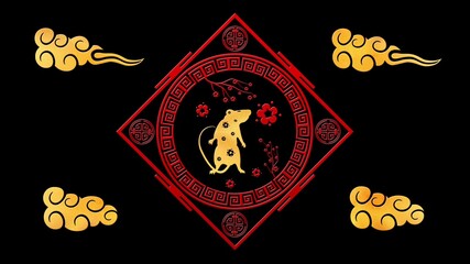 Black Chinese New Year background with gold, rat, 3D rendering. Magical Happy new year animation.