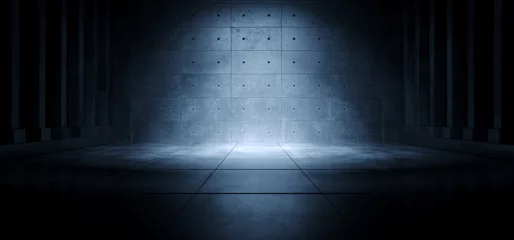 Realistische Garage U-Bahn Blaues Licht Flur Tunnel Korridor Sci Fi Futuristisches Dunkles Parkhaus Zement Beton Grunge Bühne 3D-Rendering © IM_VISUALS