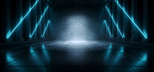 Cement Concrete Sci Fi Futuristic Cyber Neon Electric Laser Lights Glowing Blue Tunnel Corridor Hallway Pillars Dark Background Spaceship Underground 3D Rendering © IM_VISUALS