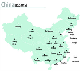 China map illustration vector detailed China map with region names.