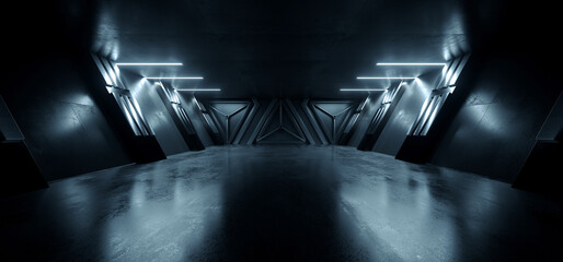 Futuristic Cyber Glowing Lasers Neon Underground Spaceship Alien Triangle Metal Doors Cement Glossy Concrete Floor Dark Corridor Tunnel Warehouse Parking Showroom 3D Rendering