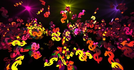 Fototapeta na wymiar Golden 3d dollar symbols falling in neon lights falling. Finance event background. 3D render 3D illustration