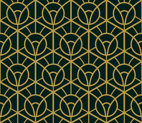 Seamless pattern. Art nouveau. Dark green. Gold ornament. Art deco. Template for wrapping paper. Vintage background. Luxury decor.
