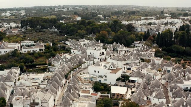Aerial view over Alberobello in Italy.