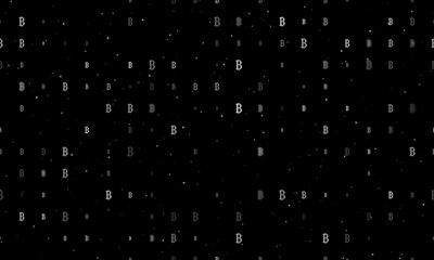 Seamless background pattern of evenly spaced white bitcoin symbols of different sizes and opacity. Vector illustration on black background with stars