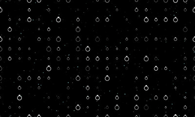 Seamless background pattern of evenly spaced white diamond ring symbols of different sizes and opacity. Vector illustration on black background with stars