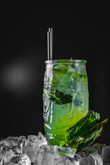 Iced Matcha Basil Lemonade on black background