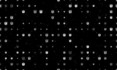 Seamless background pattern of evenly spaced white tulips of different sizes and opacity. Vector illustration on black background with stars