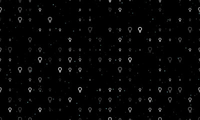 Seamless background pattern of evenly spaced white venus symbols of different sizes and opacity. Vector illustration on black background with stars
