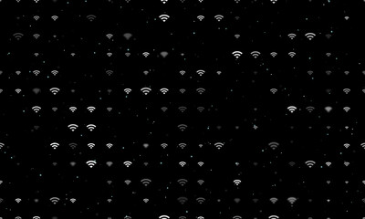 Seamless background pattern of evenly spaced white wifi symbols of different sizes and opacity. Vector illustration on black background with stars - obrazy, fototapety, plakaty