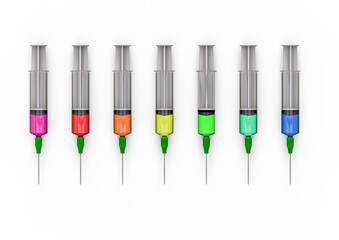 3D render image representing a few syringes in different color representing vaccines 