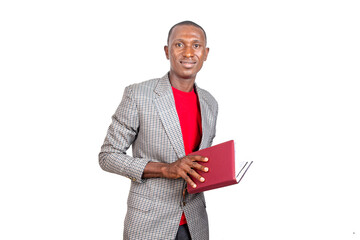 adult businessman holding a book.