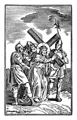 2nd or Second Station of the Cross or Way of the Cross or Via Crucis. Jesus carries His cross.Bible,New Testament. Antique vintage biblical religious engraving or drawing.