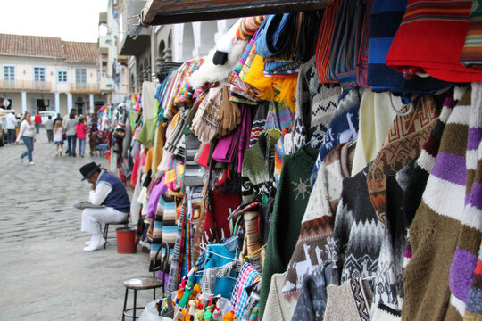 Sale of traditional Ecuadorian clothing at the Cuenca market 