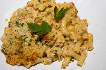 A delicious plate of Mac and Cheese on a white plate