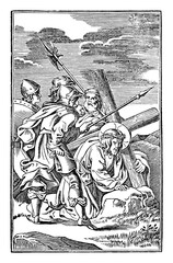 3th or third Station of the Cross or Way of the Cross or Via Crucis. Jesus falls for the first time.Bible,New Testament. Antique vintage biblical religious engraving or drawing.