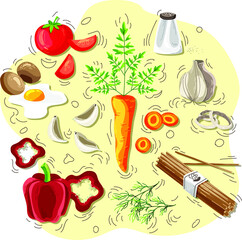 Set of healthy food and vagetables. Doodle illustrations of healthy food