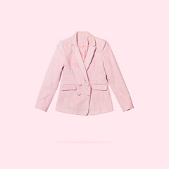 Womens fashionable flying pink blazer isolated on light pink background. Female fashion, stylish...