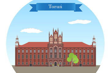 Torun, Poland. Historic gothic Town Hall - detailed vector illustration - obrazy, fototapety, plakaty