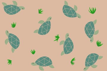 Seamless pattern of cute cartoon hand-drawing turtle with grass background