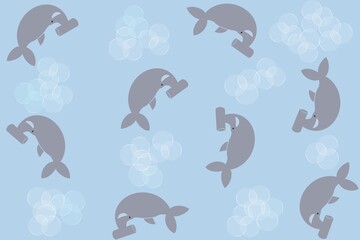 Seamless pattern of cute cartoon hand-drawing hammerhead shark with bubble blue background