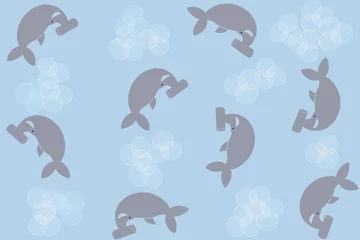 Fototapeten Seamless pattern of cute cartoon hand-drawing hammerhead shark with bubble blue background © ABWitzPix089