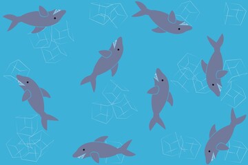 Seamless pattern of cute cartoon hand-drawing shark with ice cube blue background