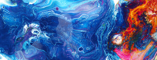 Art Abstract flow acrylic and watercolor marble blot painting. Color wave horizontal texture background.