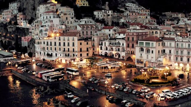 Aerial view on Amalfi coast in Italy at evening.