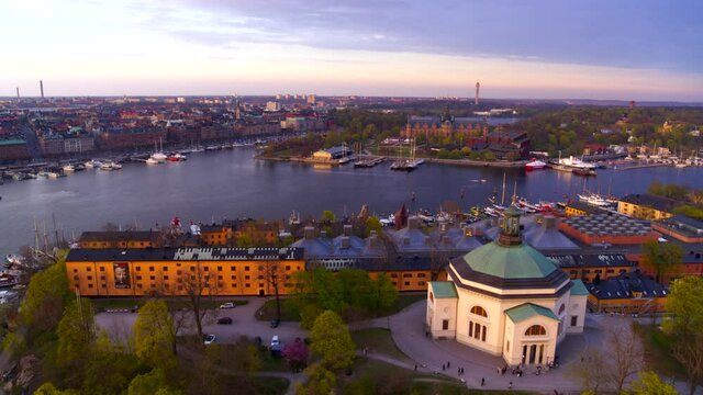 Aerial over Skeppsholmskyrkan with the amazing Stockholm skyline in background, Sweden.