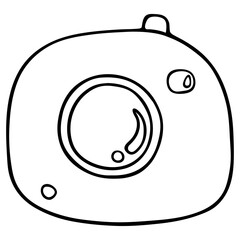 Vector illustration. Black photo camera contour isolated on white. Hand drawn doodle clipart. Simple sign. For poster, banner, collage, card, social media