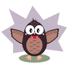 Funny owl with a bow tie flaps its wings. Vector flat style illustration