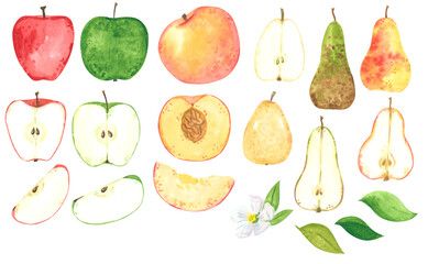 Apple, peach and pear clipart set. Cartoon style. Hand drawn watercolor illustrations isolated on white.