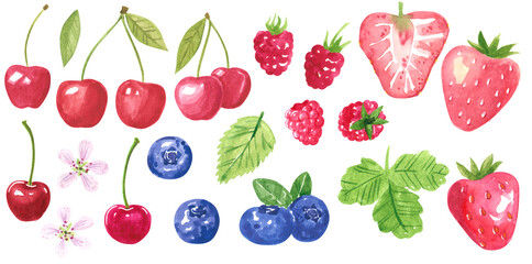 Berries clipart set. Cartoon style. Hand drawn watercolor illustrations isolated on white.