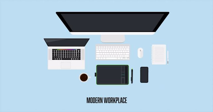 Top view modern workplace animation with PC, keyboard, phone, graphic tablet and stylus, coffee mug, computer mouse