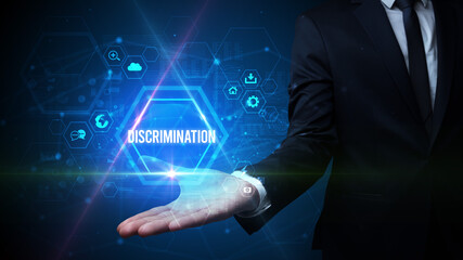 Man hand holding DISCRIMINATION inscription, social media concept
